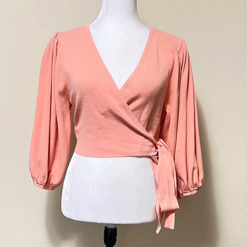 MISSGUIDED new Pink True Wrap Around Straps Crop Balloon Sleeves Knit Top 10/12 - Picture 10 of 16